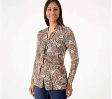 Attitudes by Renee Casknit Front Knot Tunic w/Pockets-Burnt Paisley-1X-A521326
