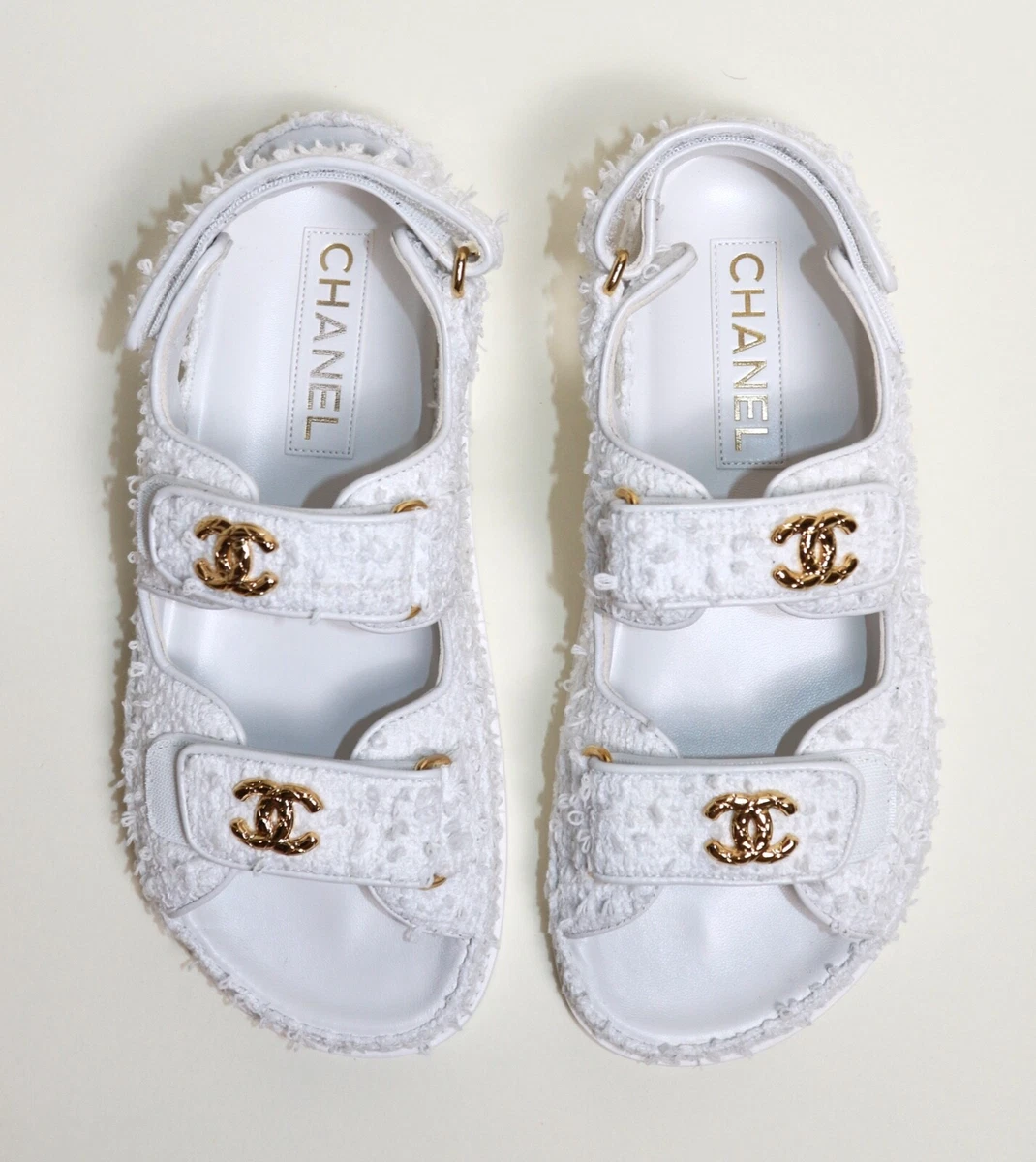 BNIB Chanel SS23 Cotton Tweed White Dad Sandals Fabric 36.5 Gold Strap  Slipper