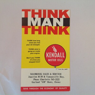 Vtg THINK Kendall Motor Oils Oil Change Reminder Card Shamrock Sales & Service