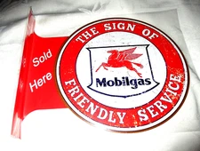 MOBIL MOBILGAS  Friendly Service Double-Sided Imprint Metal Flange Sign #2a  NEW