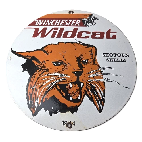 Vintage Winchester Porcelain Sign - Shot Gun Shells Wildcat Gas Pump Sign