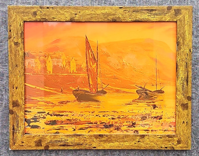 J. PASSEUR MID CENTURY ORIGINAL ÖLGEMÄLDE HAFEN BEI SONNENUNTERGANG SZENE 47 X 37 CM