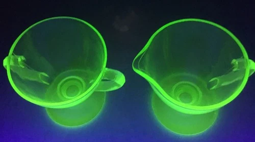 Green Depression Uranium Glass Creamer And Sugar - Exc. Cond.