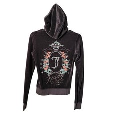 JUICY COUTURE Grey Velour Zip Hoodie Crest Graphic Y2K McBling Size S