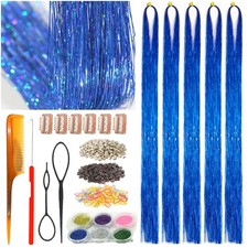 Blue Hair Tinsel Kit,Fairy Hair Tinsel Extensions,Heat Resistant,Sparkling Shiny