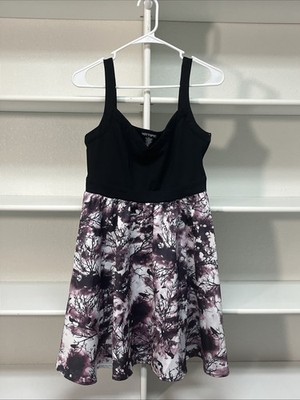 Hot Topic SM Crows Print V-Neck Fit & Flare Dress Black Purple White Goth Glam