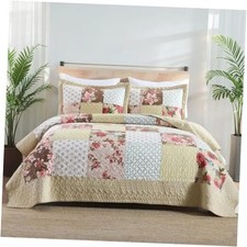 Patchwork Quilt Set Bedspread Size Bedding - Reversible Breathable Queen Beige