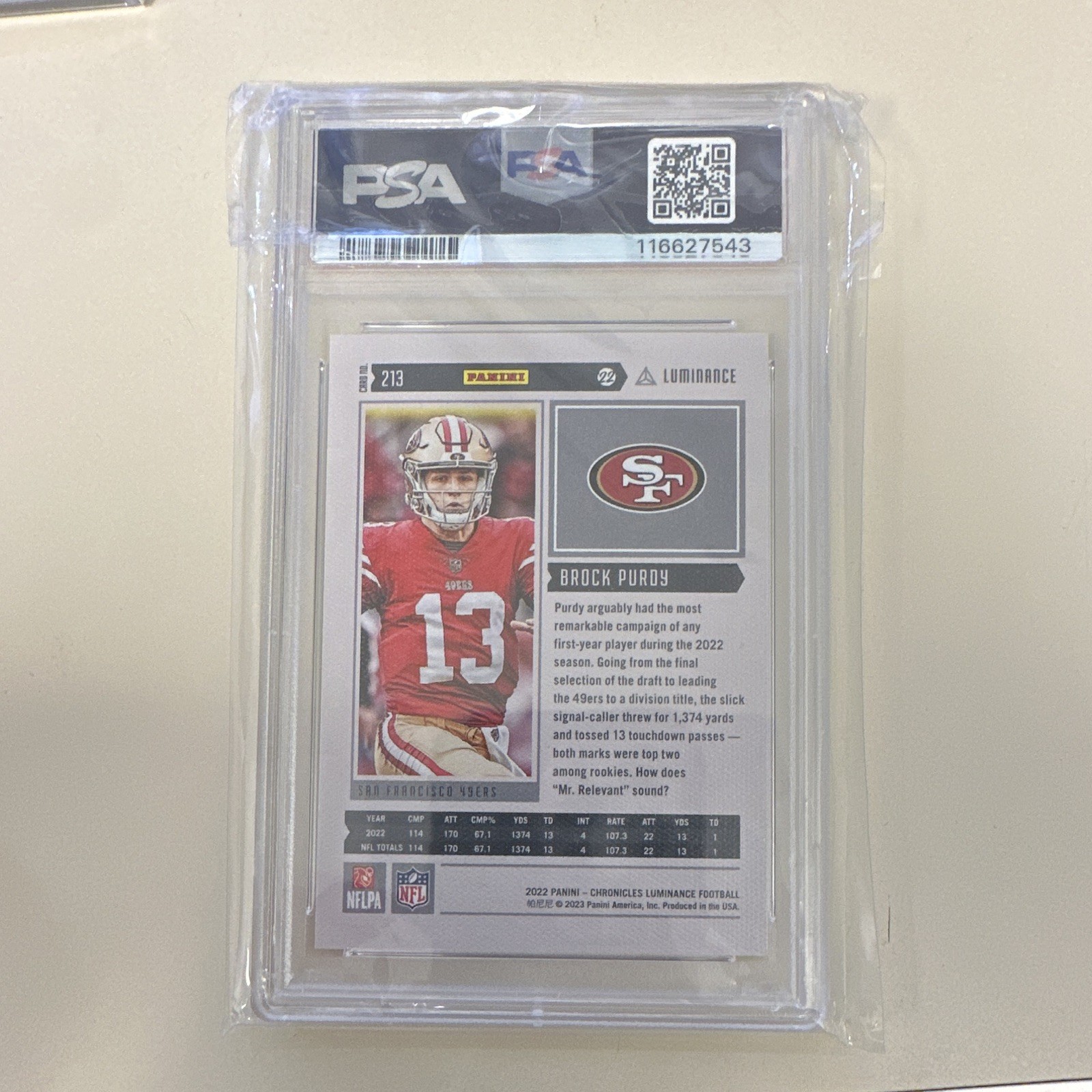 2022 Chronicles Brock Purdy Luminance Update Pink #213 PSA 9 MINT Rookie Card RC view 2