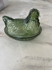 Vintage Hazel-Atlas Continental Glass Green Hen On Nest
