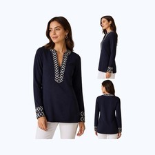 Tory Burch Tunic Top Womens 2 Dark Navy Blue Embroidered Side Zip V Neck Blouse