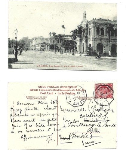 MALAYA SINGAPORE. 1912 Brass Bassa Rd w. St Joseph's PC, to France @ 3c rate