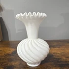 VTG White Milk Glass Vase Swirl Ruffled Edge Glossy Decorative Opaque 8" Tall