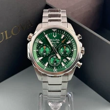 Bulova Marine Star 96B396 Chronograph Men's Quartz Watch Green Dial 43mm