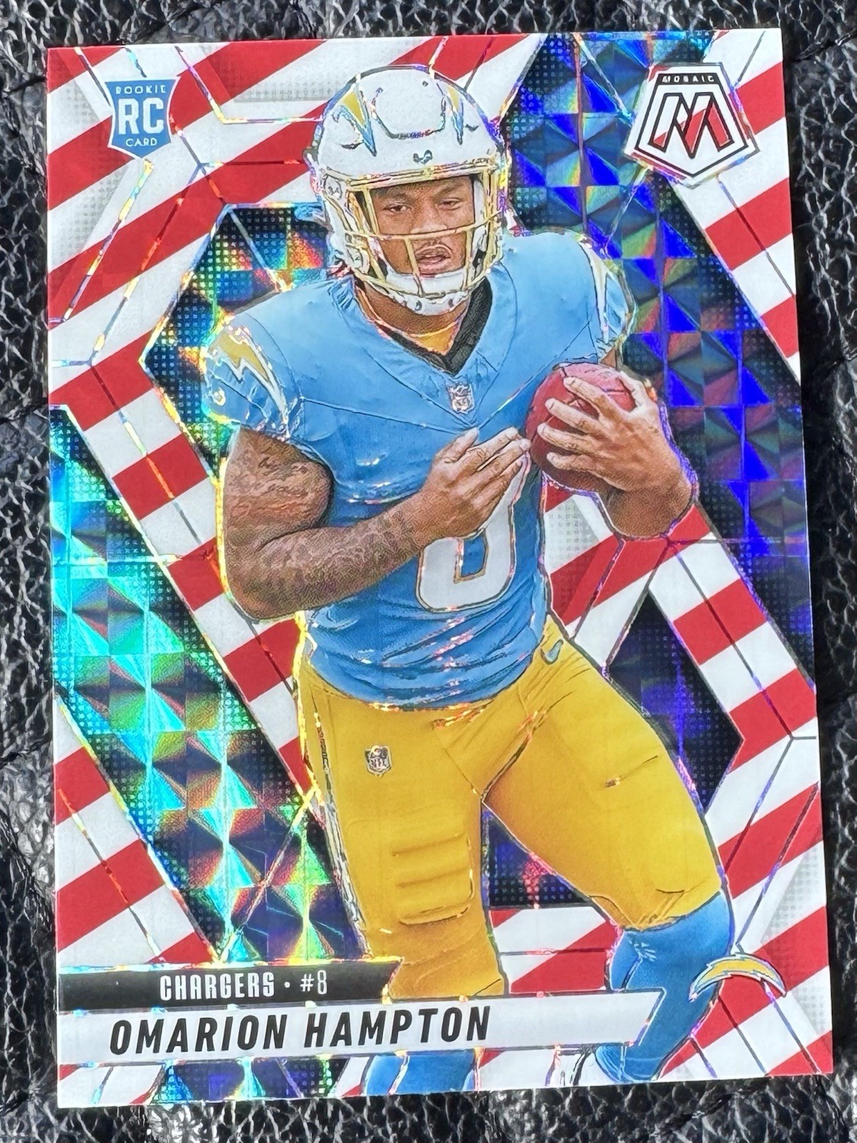 2025 Panini Mosaic Omarion Hampton Rookie Red & White Stripe Prizm #335 (RC)