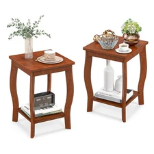 2-Tier Square End Table Set of 2 Narrow Sofa Side Nightstand w/ Storage Shelf