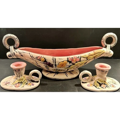 1955 HULL USA Mid-Century Pink BLOSSOM FLITE Candle Holders & Console Bowl~MCM