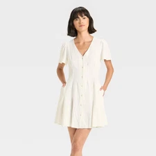 Women's Short Sleeve Button-Front Mini A-Line Dress - Universal Thread White L