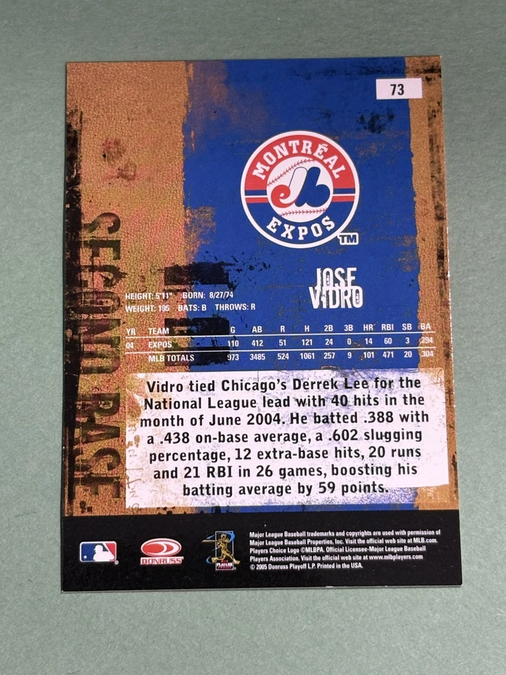 Jose Vidro 2005 Donruss Leather & Lumber Montreal Expos #73 DD917 - Image 2 of 2