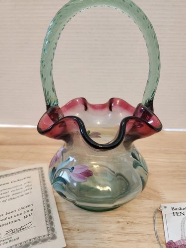 Fenton Rubina Verde Melon Ruffle Art Glass Basket Bill Fenton and painter signed
