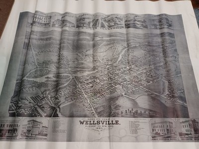 1883 Birdseye Aerial View Wellsville Map NY 17.5''  Tall
