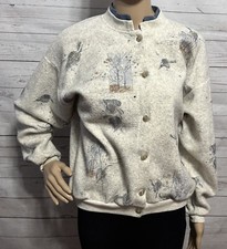 Vintage 90s Artisans Sweatshirt Large Gray Leaf Fall Button Up Fleece Cardigan