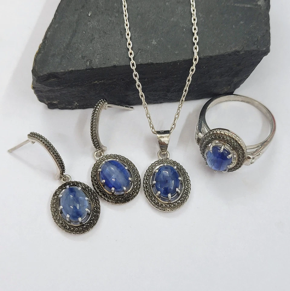 Pingente Love Kyanite com brincos conjunto de joias de prata - 925 prata esterlina maciça - Imagem 3 de 4