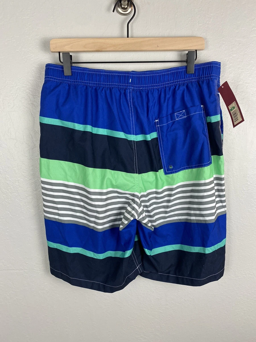 NWT Merona Men s Medium Swim Shorts At Knee 21 Outseam 2 Pockets Striped Blue