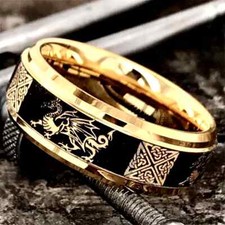 Men 8mm Tungsten Gold Black Dragon Celtic Knot Engraved Engagement Wedding Band