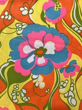 6 yards Vtg 70s Groovy Psychedelic Flower Power Fabric Bright Neon Rare Retro