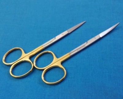 2 GOLD HANDLE ASSORTED IRIS MICRO DISSECTING SCISSORS STRAIGHT + CURVED 4.5''