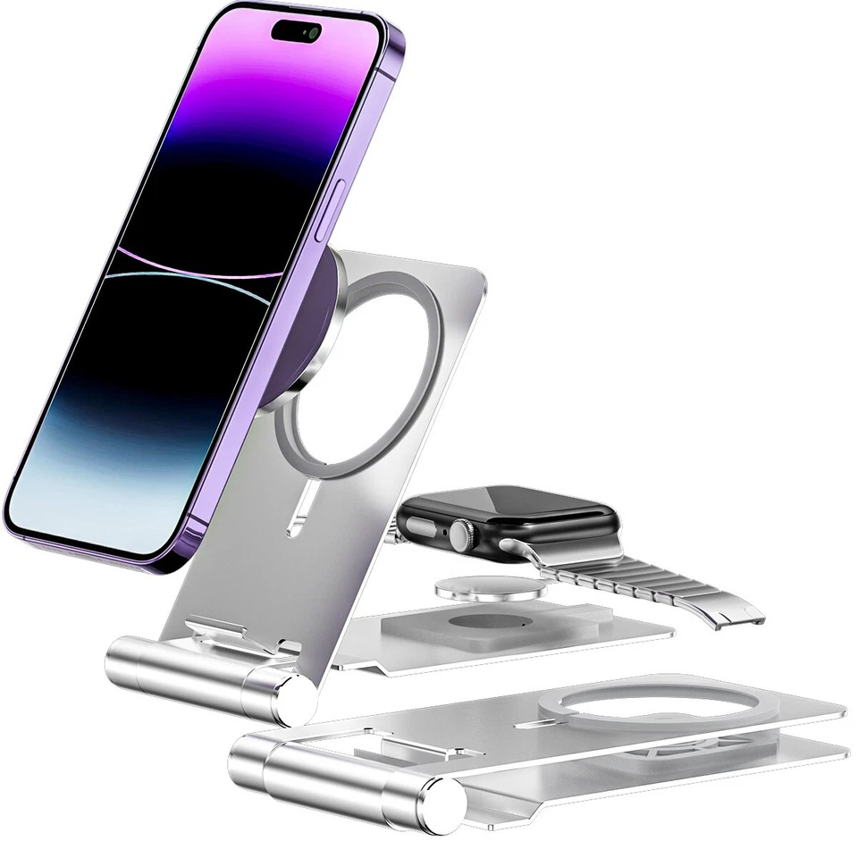 Foldable Aluminum MagSafe Charger Mount Holder Desk Stand for iPhone iWatch iPad - Image 2 of 4