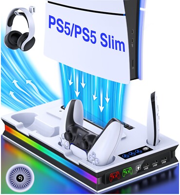 PS5 Support Ventilateur de Refroidissement, Double Chargeur Manette PS5 avec Indicateur LED, 3 Vitesses et 3 Port Usb