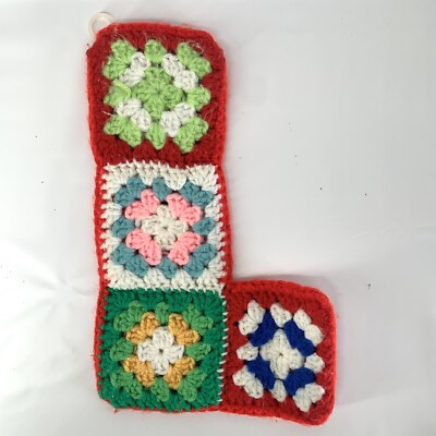 Vintage Granny Square Christmas Stocking Crocheted Handmade Cottagecore Grandma