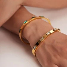 Woman 18K Gold Plated Stainless Steel Square Cubic Zircon Cuff Bracelet Bangle