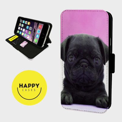 SÜSSE SCHWARZE MOPS PINK - Kunstleder Klapp Handy Hülle Cover - iPhone/Samsung
