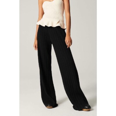 NEW ba&sh Erwan Trouser Pants Womens XS 1 Black Ribbed Wide Leg NWT