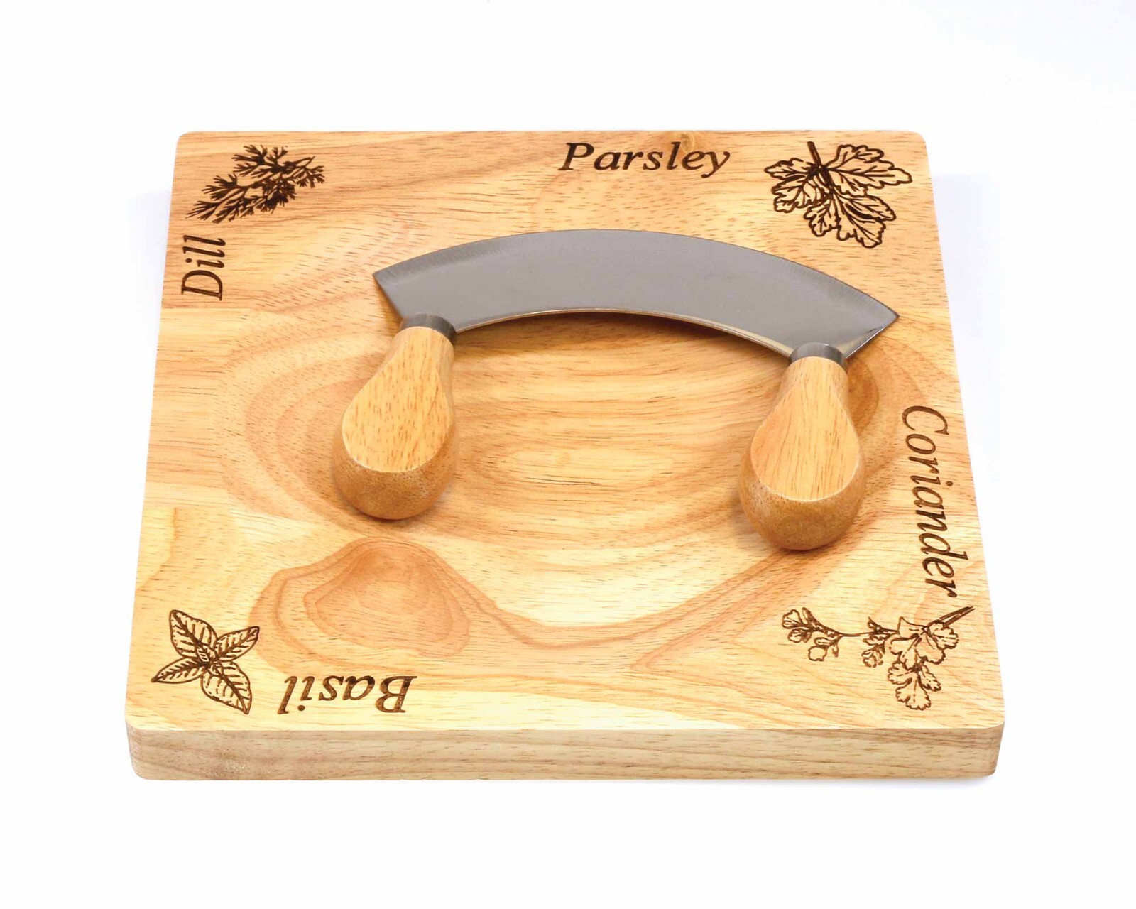 Engraved Mezzaluna Herb Chopper & Board Set 20cm | Basil Parsley Dill