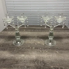 Vintage Set 2 Arm Crystal Candelabra Candle Holder Victorian Glass Bobeches