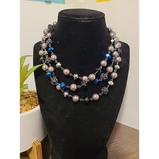 Multi Strand Necklace Grey Faux Pearl Blue Crystal Accent Evening Jewelry
