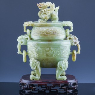FINE LARGE CHINESE GREEN JADE ARCHAIC DRAGON FIGURAL LIDDED CENSER VASE w STAND