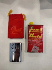 Vintage Jon-e Warmer Fluid Tin, Pouch, And Warmer