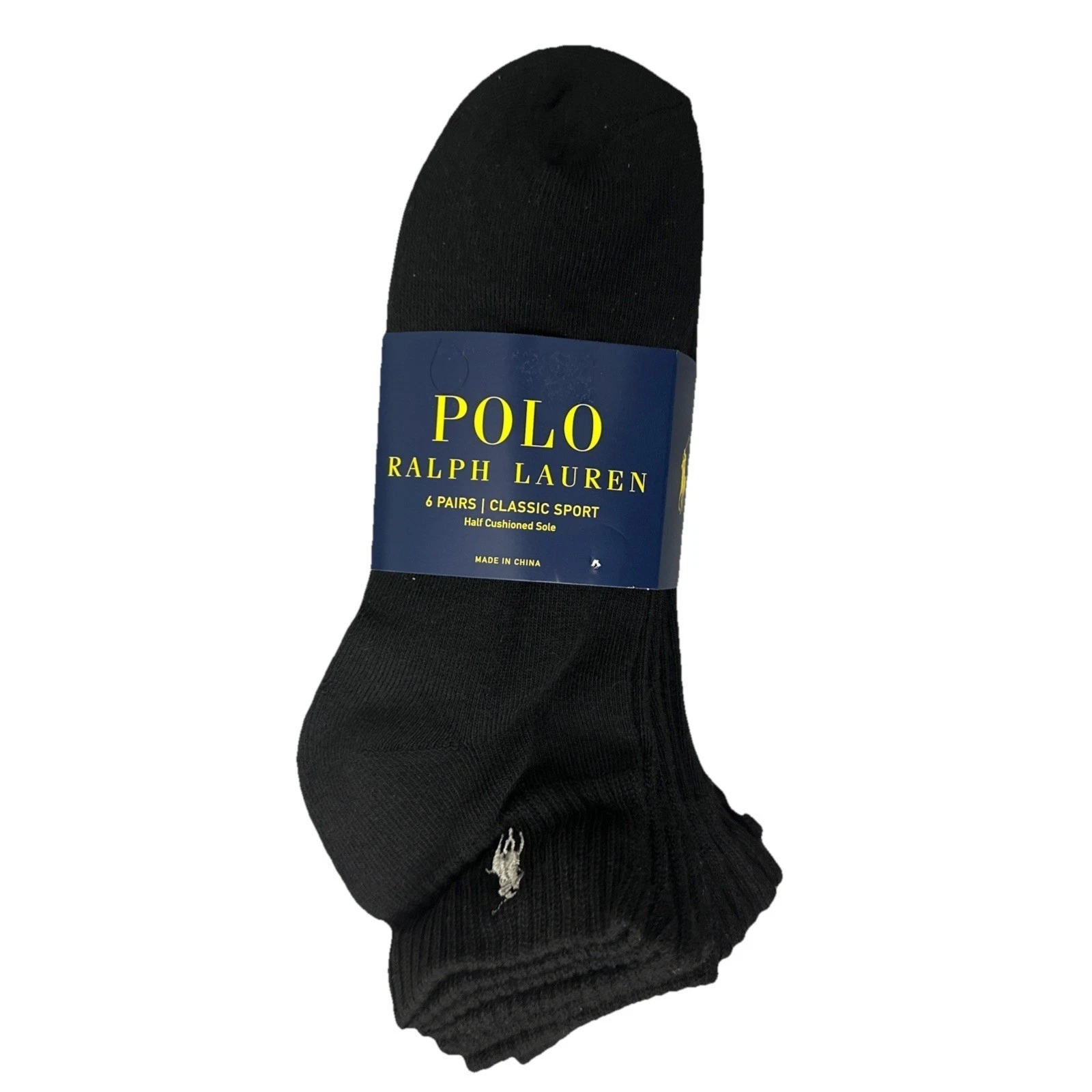 New POLO RALPH LAUREN 6 Prs Size 6-12.5 Black / Silver Pony Ankle Socks