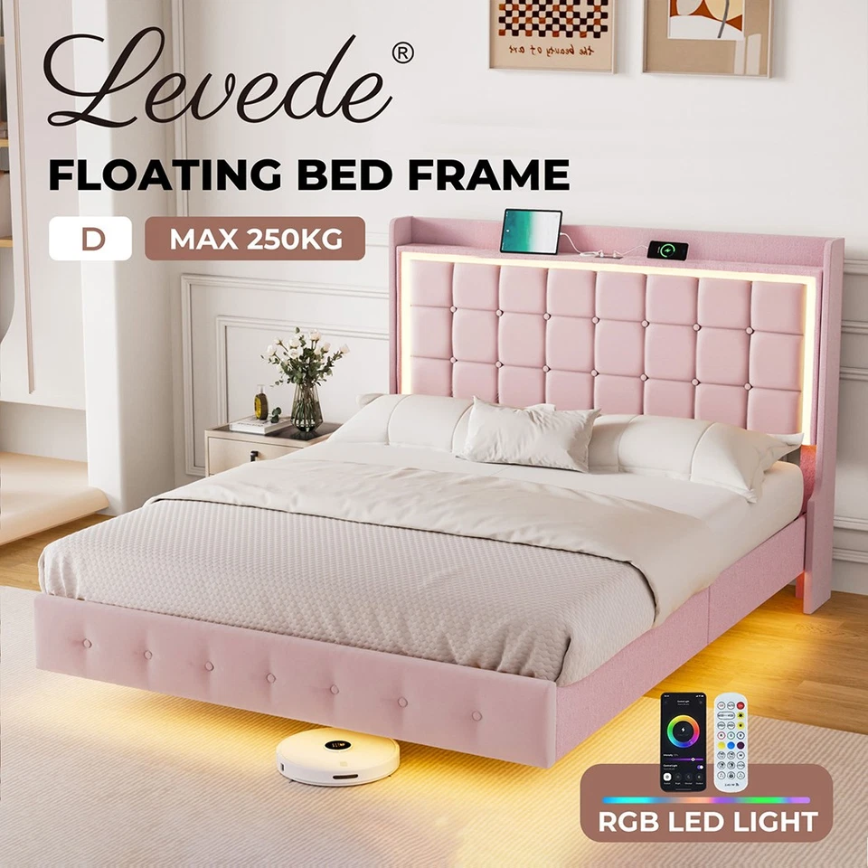 Levede Double Floating Bed Frame With RGB LED Light Headboard USB Charge