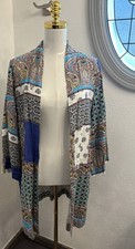 Chico's Women s Duster Kimono Coverup Floral Medallion 100 Linen Size 0 Small