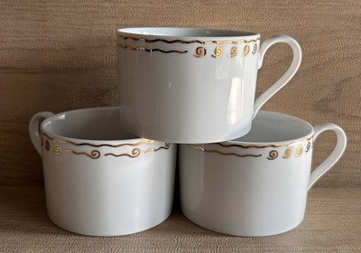 3 Pottery Barn Nile Coffee Cups Flat Mugs White Gold Wavy Lines Circles Set