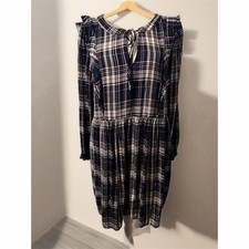 LOFT Dress Womens Petite M Navy Blue Plaid Ruffle Tie-Neck Swing Short