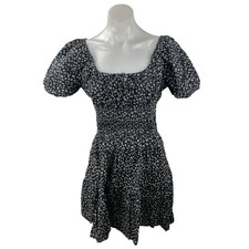 GAP Black Floral Smocked Puff Sleeve Tie Square Neck Mini Flare A-Line Dress M