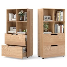 COSTWAY 130CM 5-Tier Tall Freestanding Bookshelf with 2 Drawers-Natural