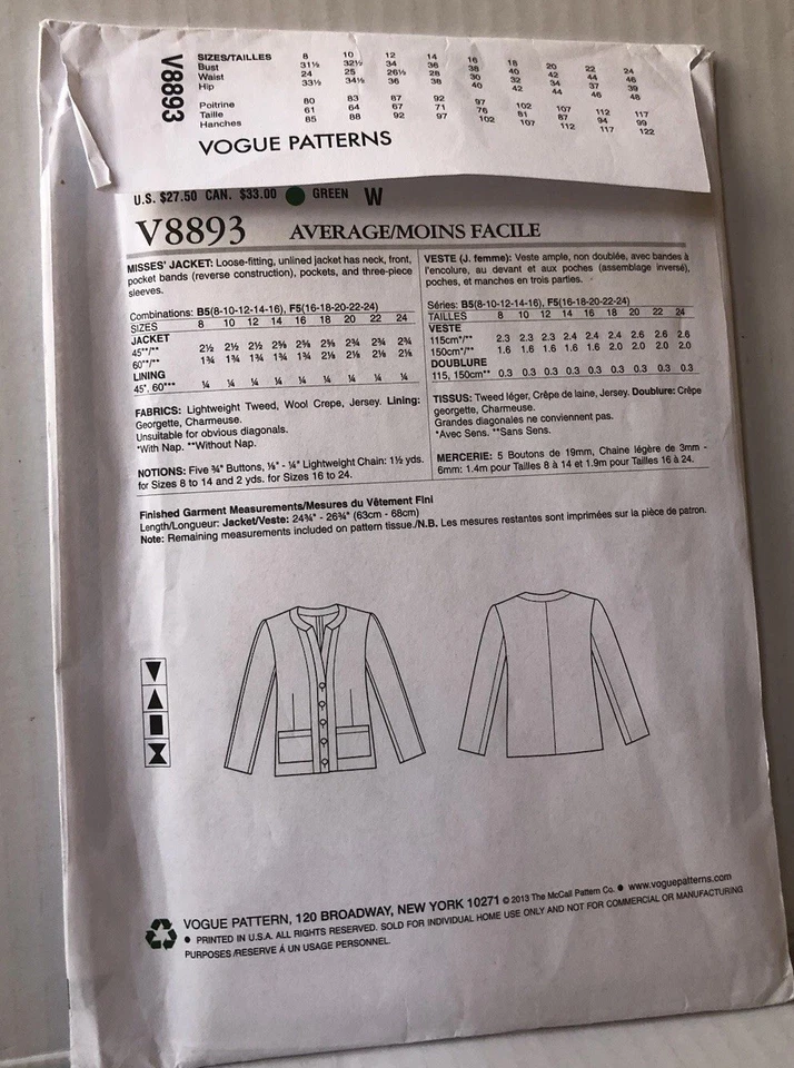 Vogue 8893 Pattern Collarless Jacket /Patch Pockets Claire Shaeffer Sz 8-16 U/C - Image 2 of 3