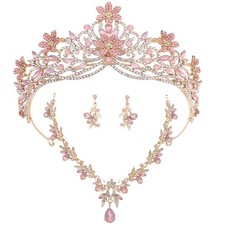 Princess Wedding Tiaras Bride for Women 3 Pcs Necklace Earrings and Crown